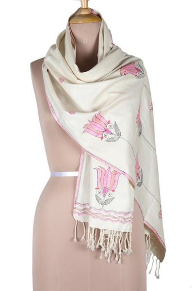Alternate image for Hand Painted Lotus-Themed Silk Scarf from India Lotus Peace in Pink