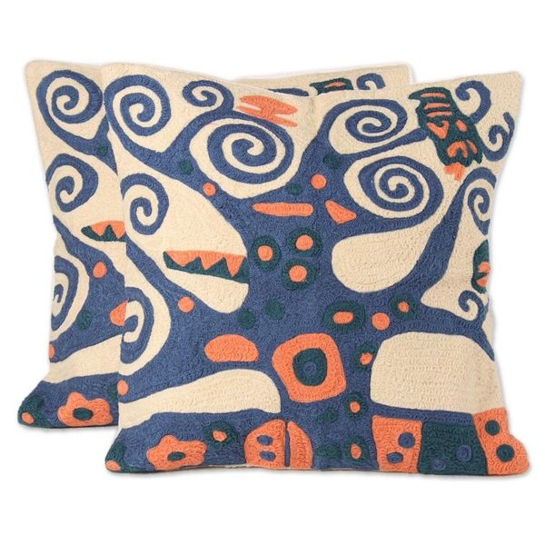Alternate image for Blue Tree Embroidered Cotton Cushion Covers Pair Swirling Tree