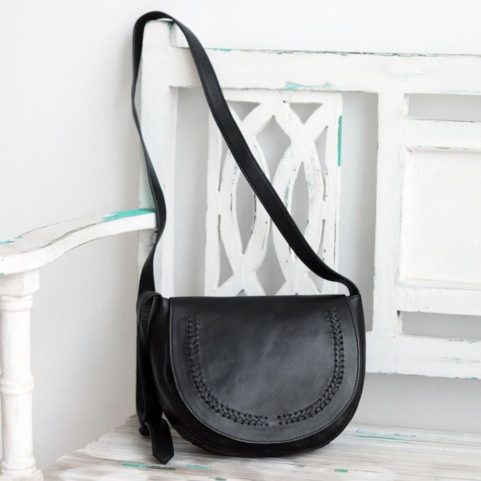 Hand Crafted Black Leather Sling Bag 'Sing Softly in Black''