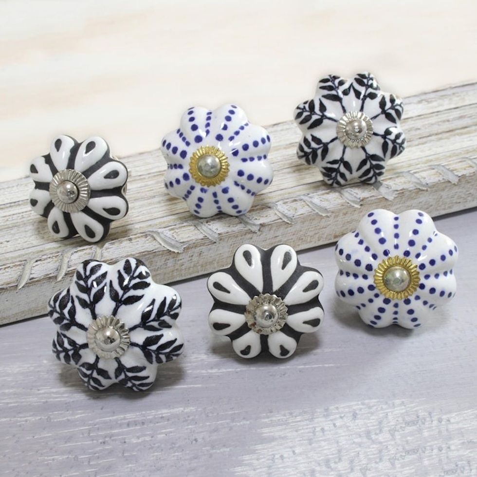 Floral Ceramic Knobs with Hand-Painted Designs Set of 6 'Flowery Union'