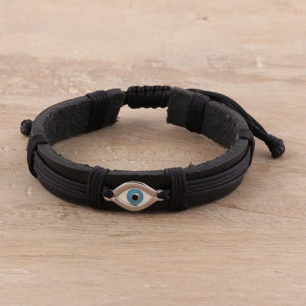 Eye Motif Sterling Silver and Leather Wristband Bracelet 'Alluring Eye'