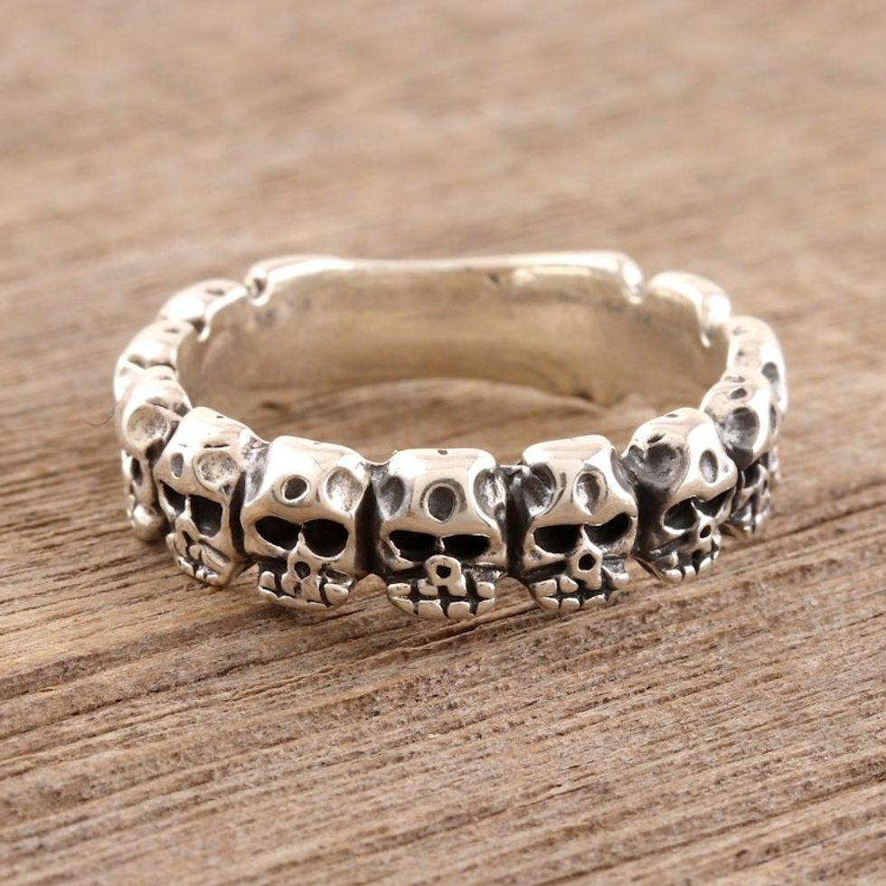 Sterling Silver Skull Band Ring from India 'Row of Skulls'