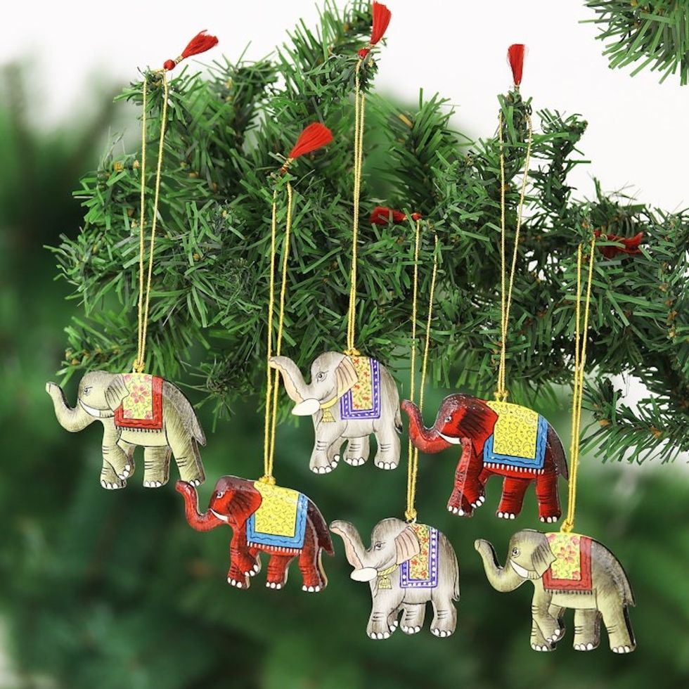 Painted Wood Elephant Ornaments Set of 6 'Festive Elephants'