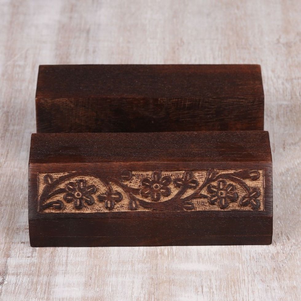 Wood Mobile Device Stand with Hand Carved Floral Motif 'Desk Garden'