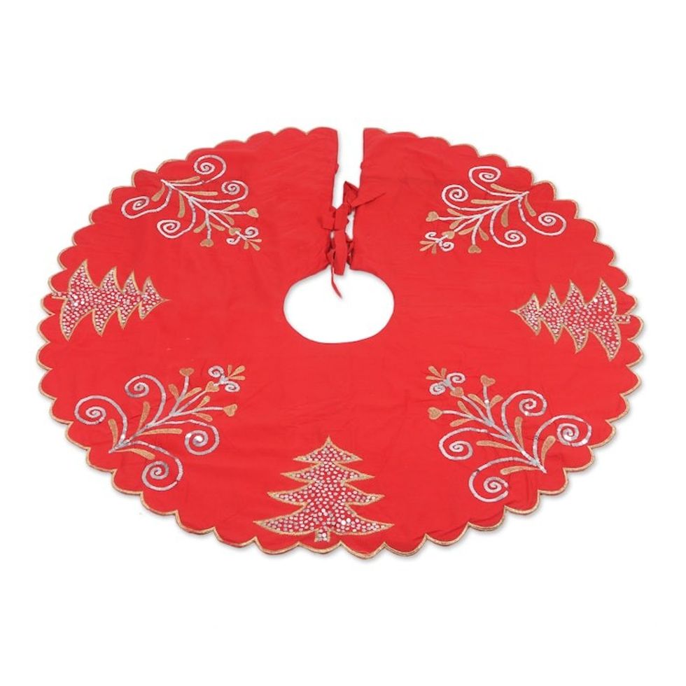 Embroidered Cotton Tree Skirt in Poppy from India 'Christmas Celebrations'