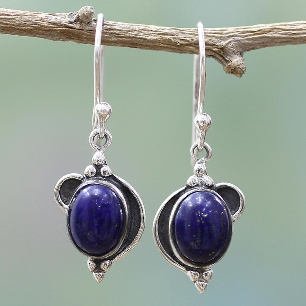 Hand Made Sterling Silver Lapis Lazuli Dangle Earrings India 'Blue Ovals'