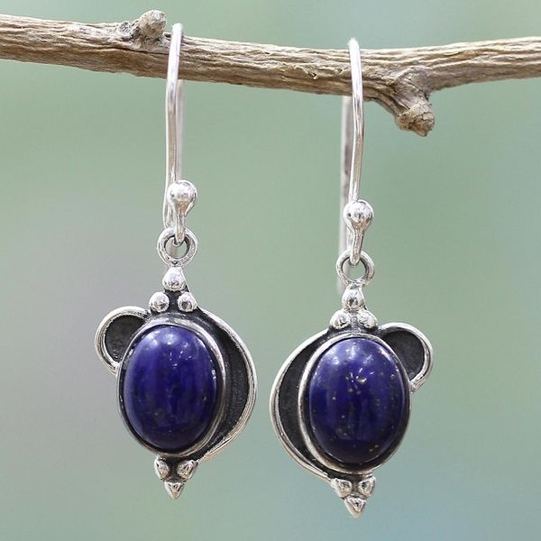 Alternate image for Hand Made Sterling Silver Lapis Lazuli Dangle Earrings India Blue Ovals