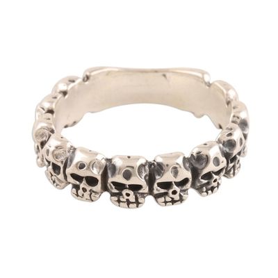 Alternate image for Sterling Silver Skull Band Ring from India Row of Skulls