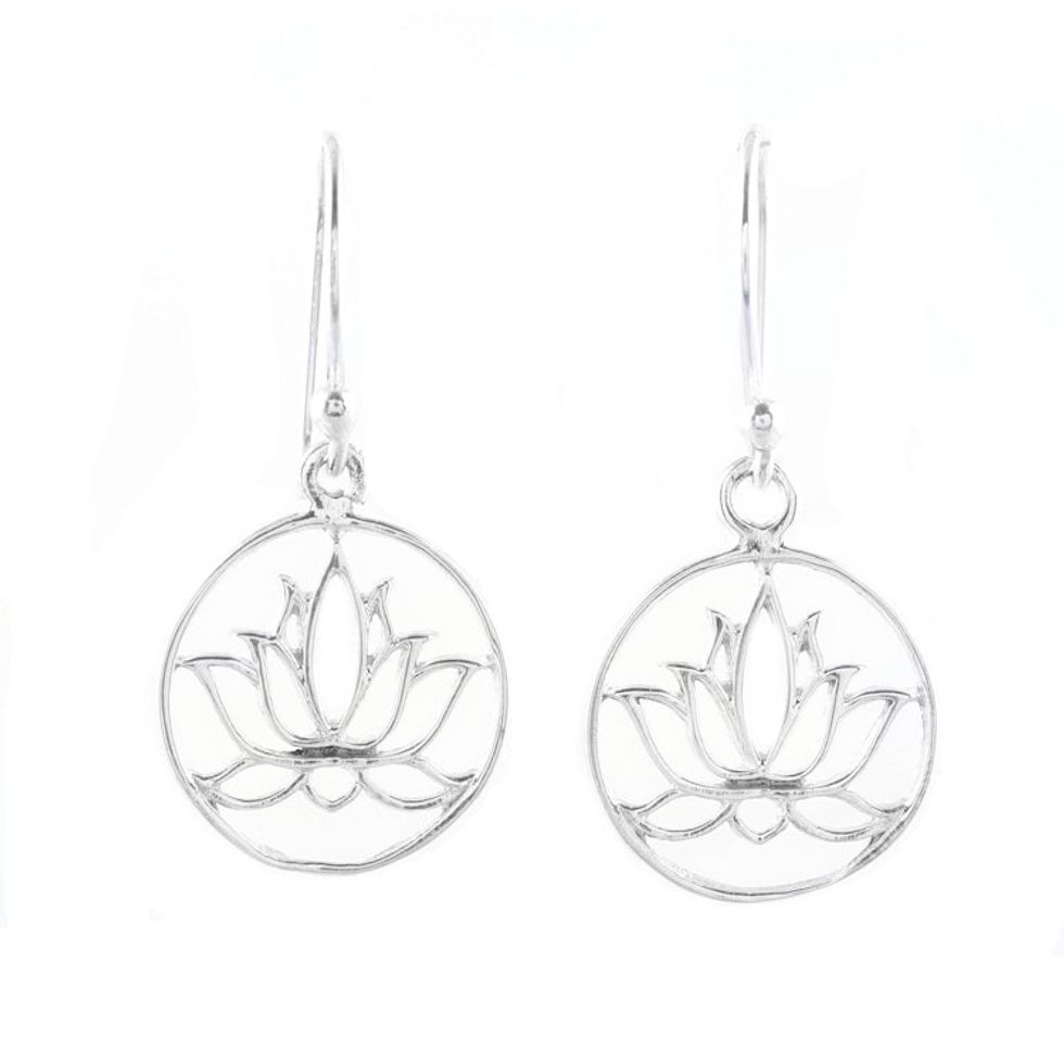 Sterling Silver Lotus Dangle Earrings from India 'Delightful Lotus'