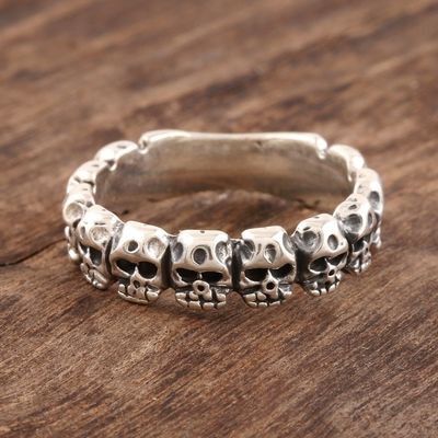 Alternate image for Sterling Silver Skull Band Ring from India Row of Skulls
