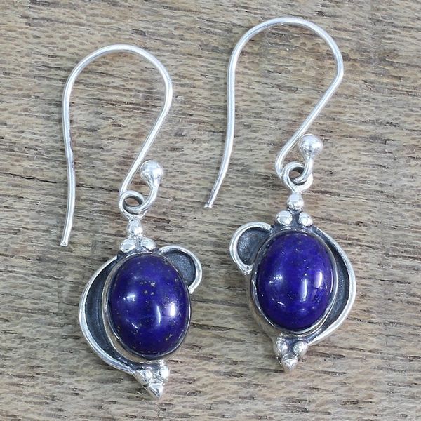 Alternate image for Hand Made Sterling Silver Lapis Lazuli Dangle Earrings India Blue Ovals