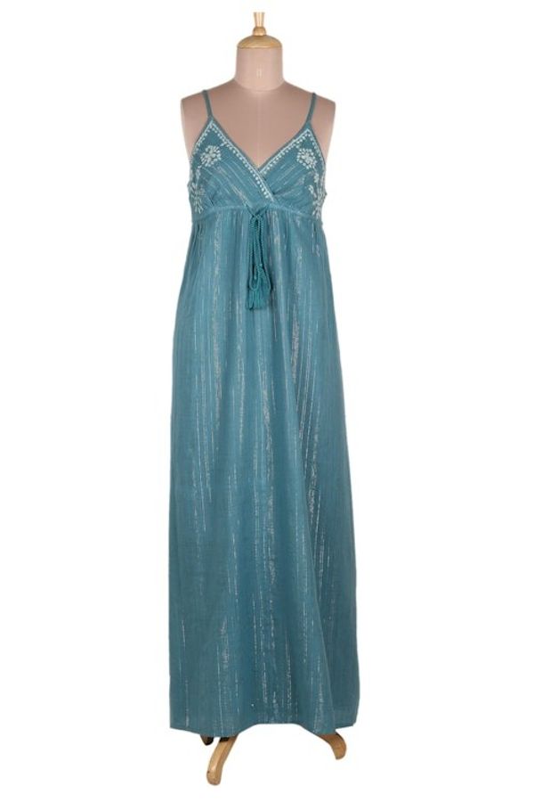 Alternate image for Embroidered Teal Cotton Sundress from India Seaside Flowers