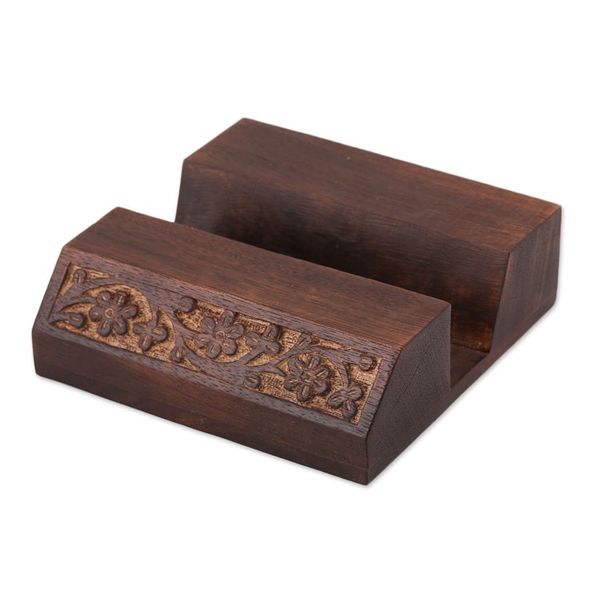 Alternate image for Wood Mobile Device Stand with Hand Carved Floral Motif Desk Garden