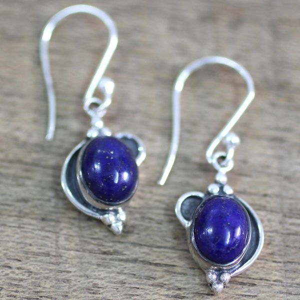 Alternate image for Hand Made Sterling Silver Lapis Lazuli Dangle Earrings India Blue Ovals