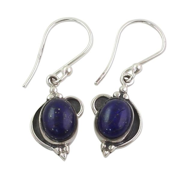 Alternate image for Hand Made Sterling Silver Lapis Lazuli Dangle Earrings India Blue Ovals