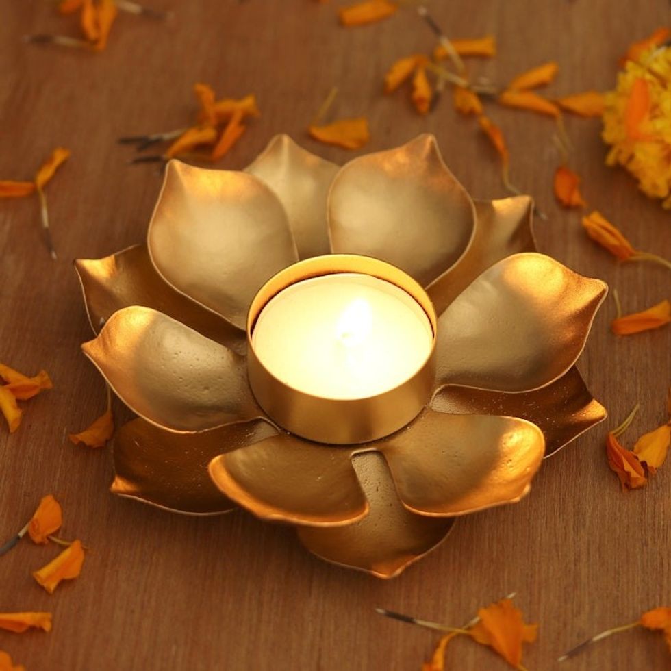 Gold Finish Steel Lotus Blossom Tealight Candleholder 'Golden Lotus Glow'