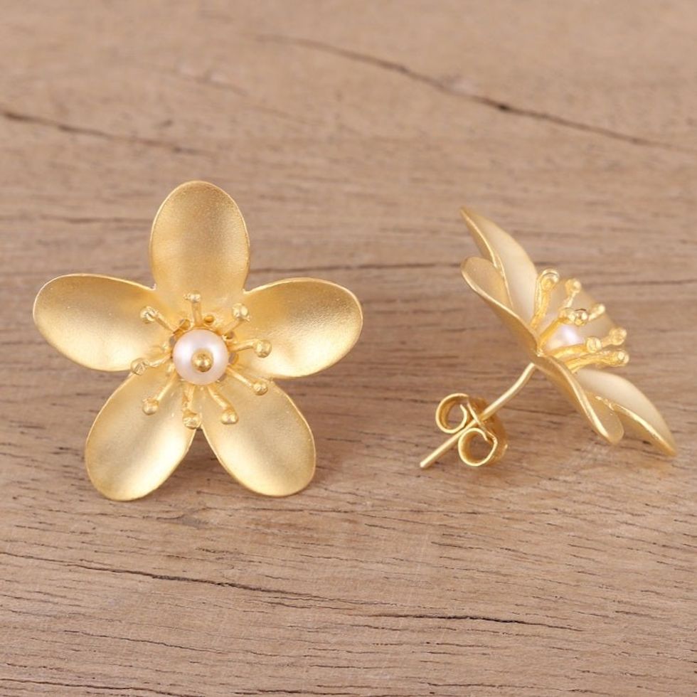 Cultured Pearl 22k Gold Plated Sterling Silver Earrings 'Blooming Plumeria'