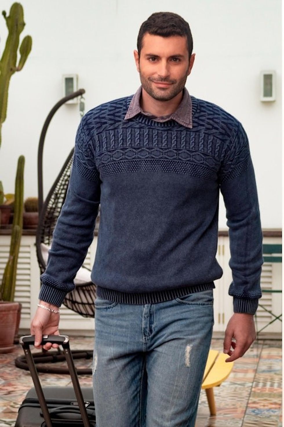 Blue Overdyed Cotton Knit Pullover for Men from India 'Lived-in Comfort'