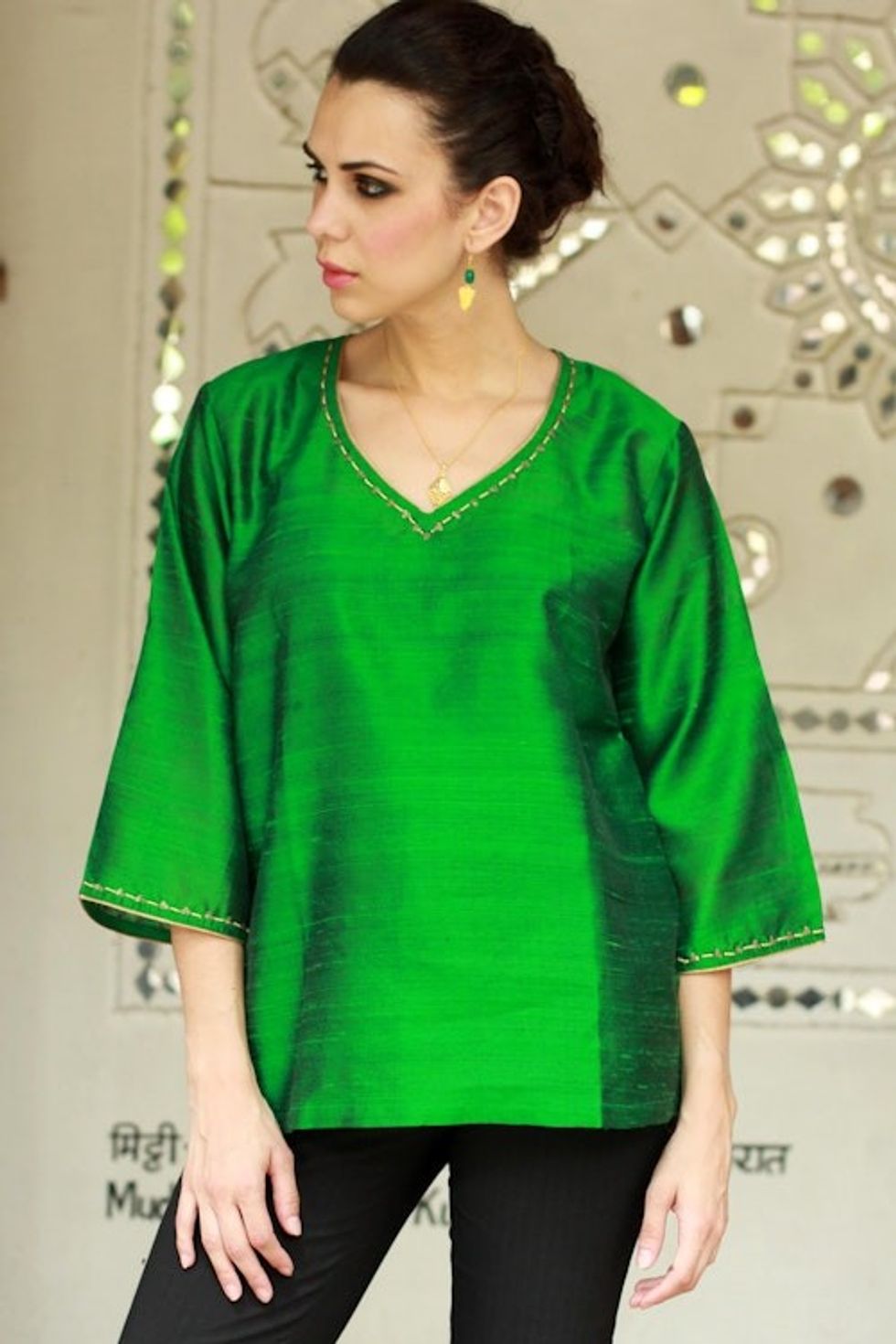 Embellished Silk Tunic Blouse from India 'Grand Emerald'