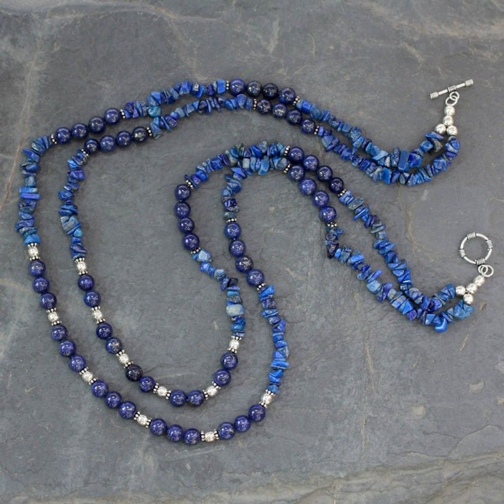 Handcrafted Lapis Lazuli Double Strand Necklace 'Blue Mystique'