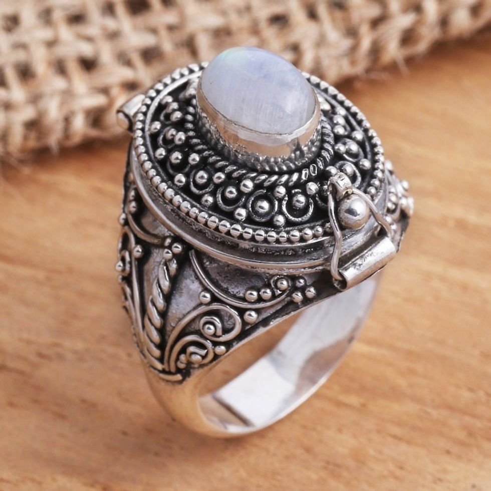 Rainbow Moonstone Locket Sterling Silver Cocktail Ring 'The Secret in White'