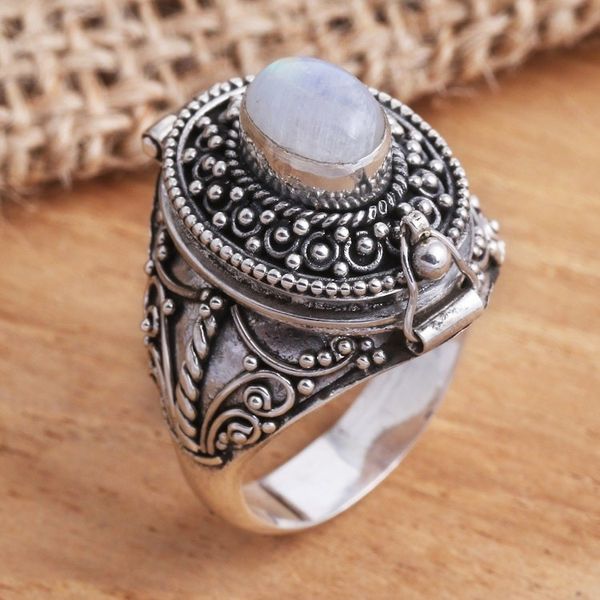 Image for Rainbow Moonstone Locket Sterling Silver Cocktail Ring The Secret in White