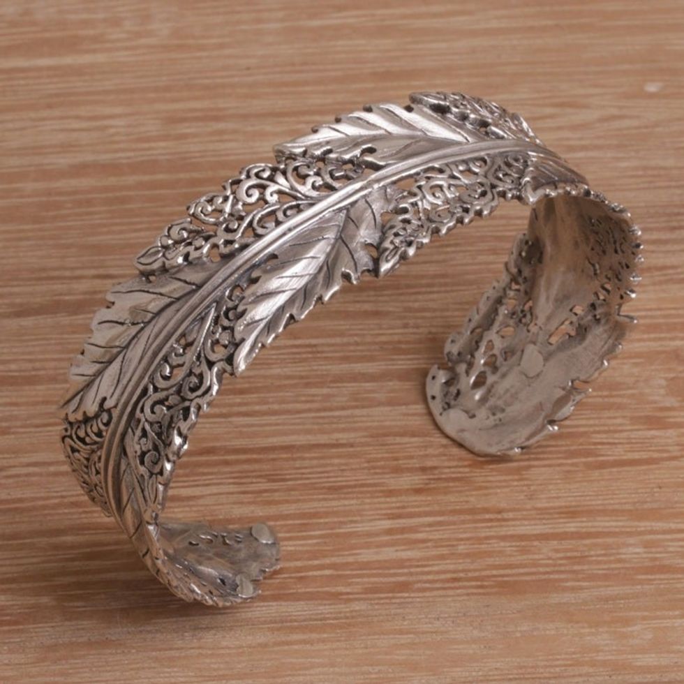 Leaf Motif Sterling Silver Cuff Bracelet from Bali 'Flawless Leaves'