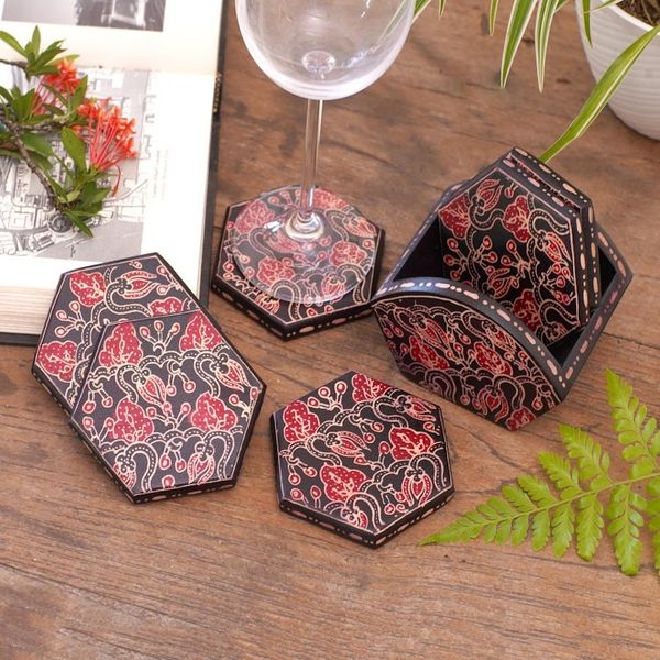 Image for Handcrafted Wood Batik Coasters from Indonesia Set of 6 Kembang Memory
