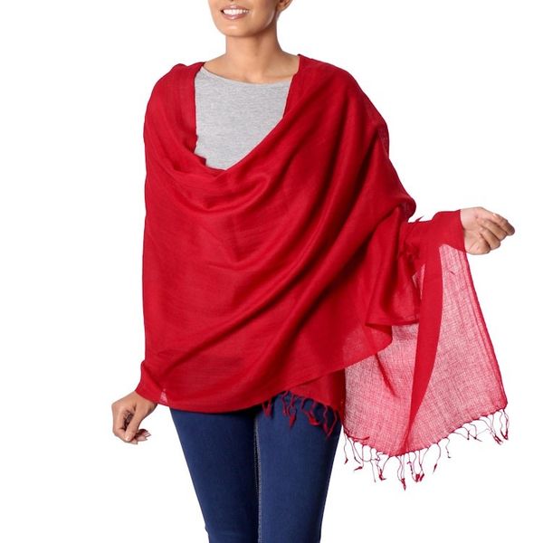 Alternate image for Womens Red All Wool Woven Shawl from India Valley of Kashmir in Red