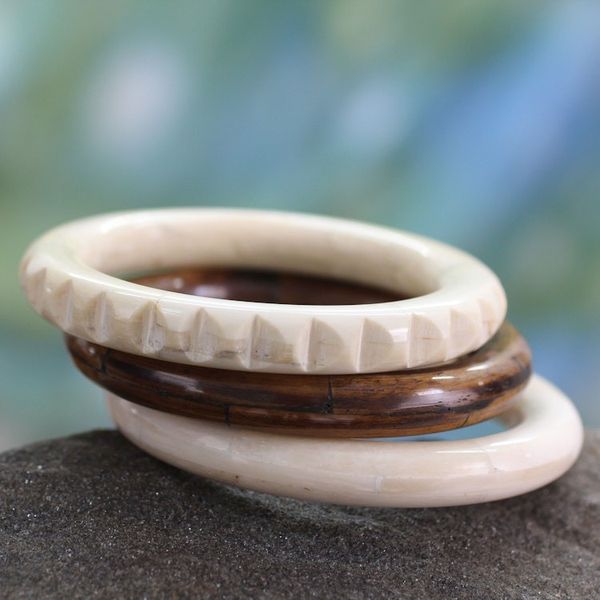 Alternate image for Bangle Bracelets Carved by Hand from Bone Set of 3 Delhi Harmony