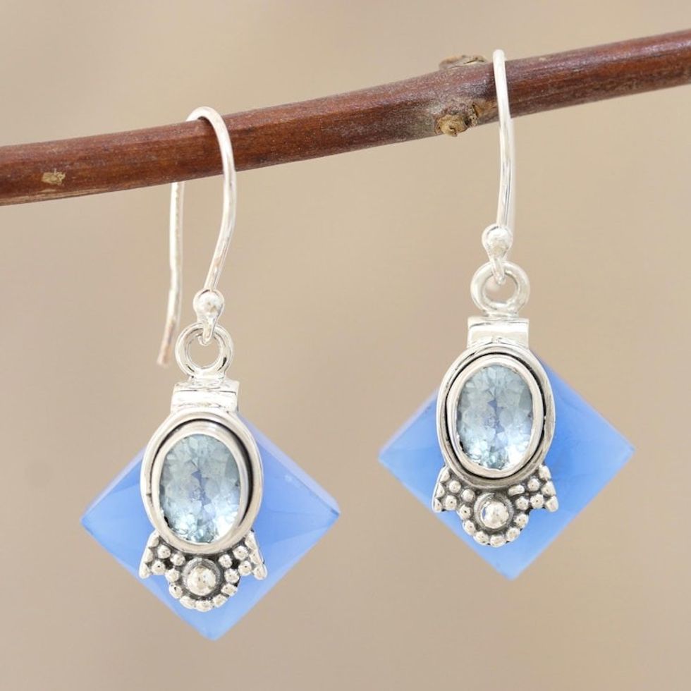 Chalcedony and Blue Topaz Earrings from Indian Artisan 'Kolkata Blue'