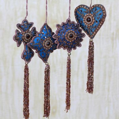 Alternate image for Artisan Crafted Christmas Ornament Set 8 Beaded Embroidery Teal Splendor