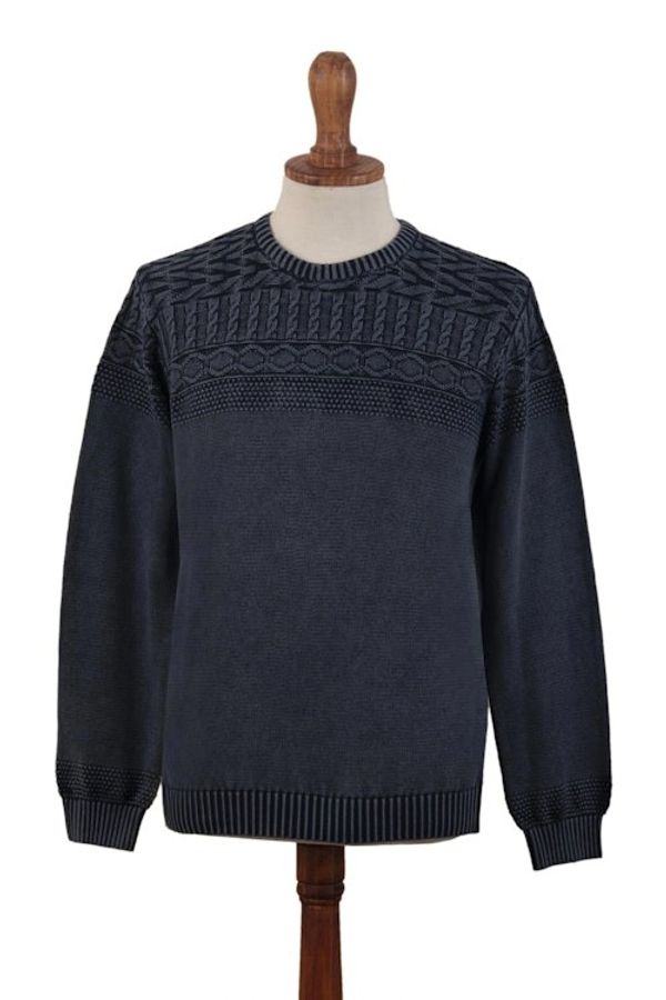 Alternate image for Blue Overdyed Cotton Knit Pullover for Men from India Lived-in Comfort