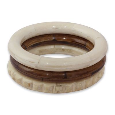 Alternate image for Bangle Bracelets Carved by Hand from Bone Set of 3 Delhi Harmony