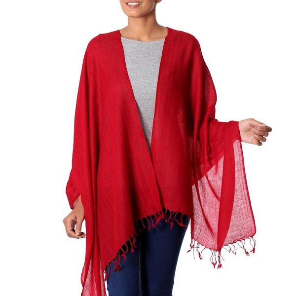 Alternate image for Womens Red All Wool Woven Shawl from India Valley of Kashmir in Red