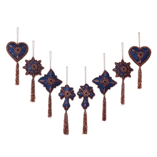 Alternate image for Artisan Crafted Christmas Ornament Set 8 Beaded Embroidery Teal Splendor