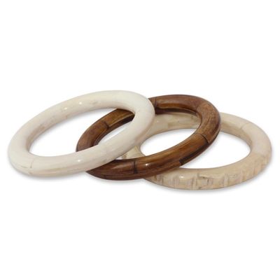 Alternate image for Bangle Bracelets Carved by Hand from Bone Set of 3 Delhi Harmony