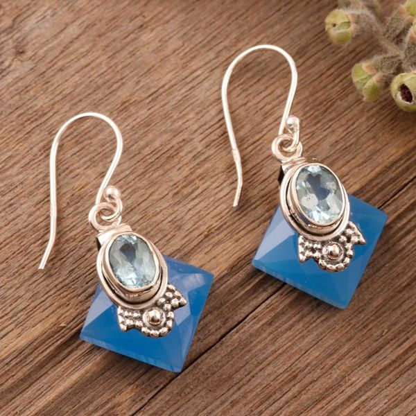Alternate image for Chalcedony and Blue Topaz Earrings from Indian Artisan Kolkata Blue