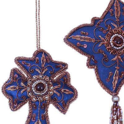 Alternate image for Artisan Crafted Christmas Ornament Set 8 Beaded Embroidery Teal Splendor