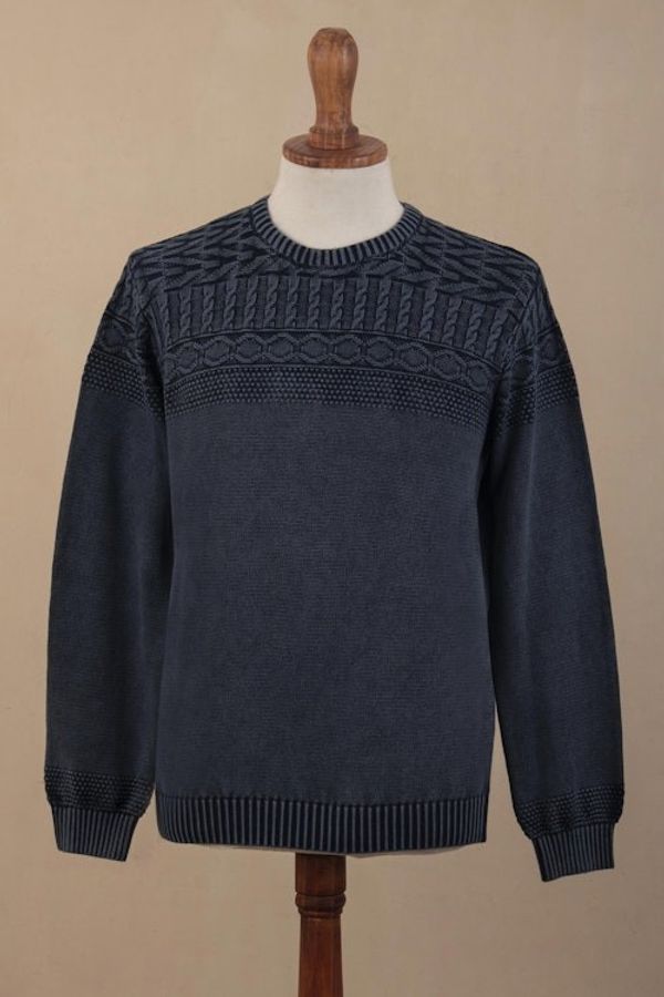 Alternate image for Blue Overdyed Cotton Knit Pullover for Men from India Lived-in Comfort