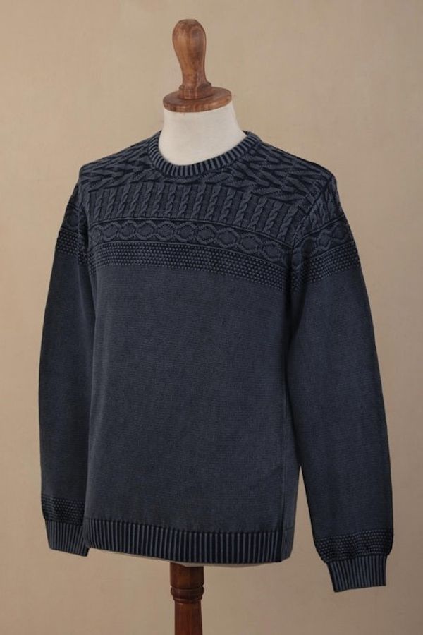 Alternate image for Blue Overdyed Cotton Knit Pullover for Men from India Lived-in Comfort