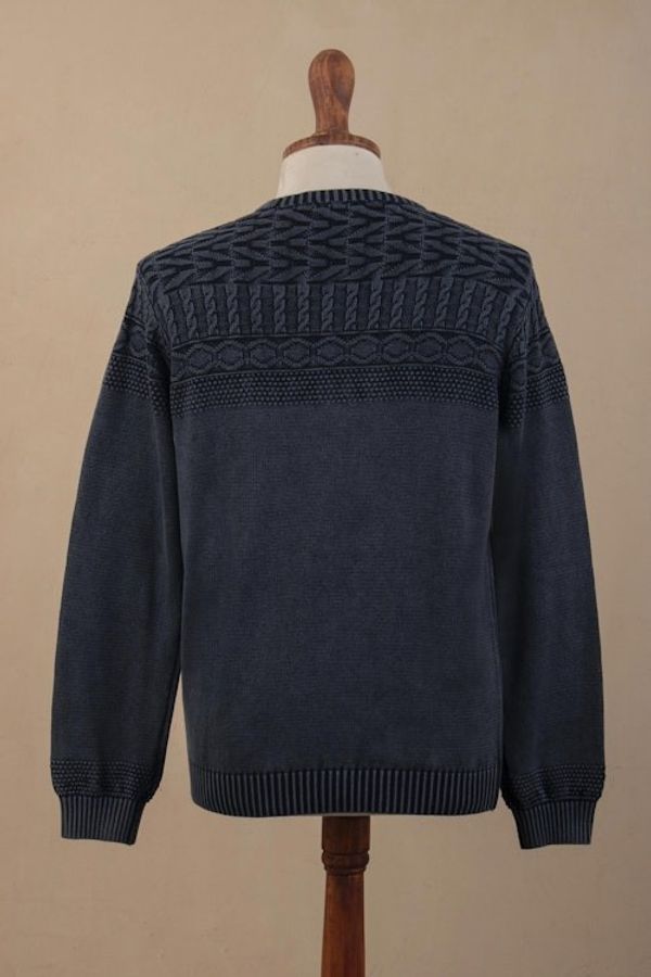 Alternate image for Blue Overdyed Cotton Knit Pullover for Men from India Lived-in Comfort