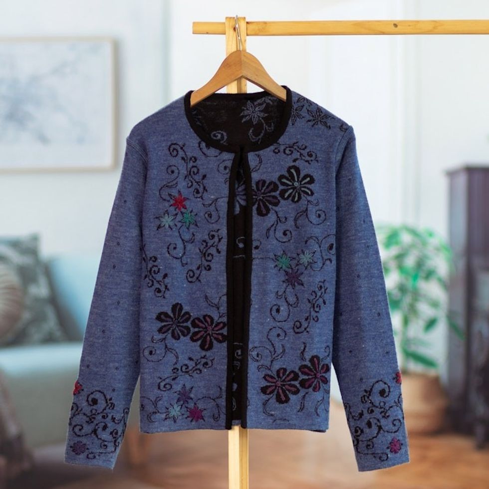 Blue and Black Reversible Alpaca Blend Cardigan 'Blue Kiko'