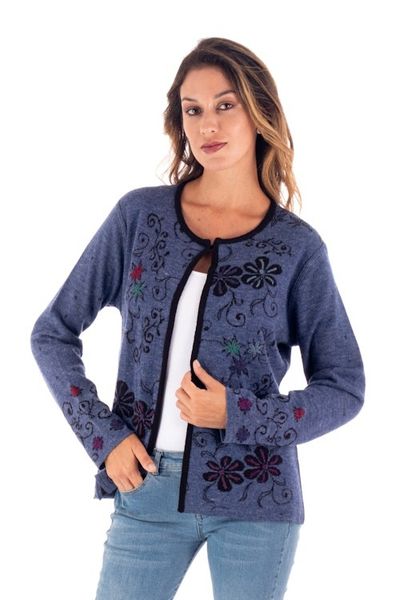 Alternate image for Blue and Black Reversible Alpaca Blend Cardigan Blue Kiko