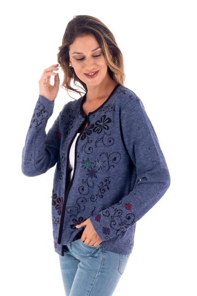 Alternate image for Blue and Black Reversible Alpaca Blend Cardigan Blue Kiko