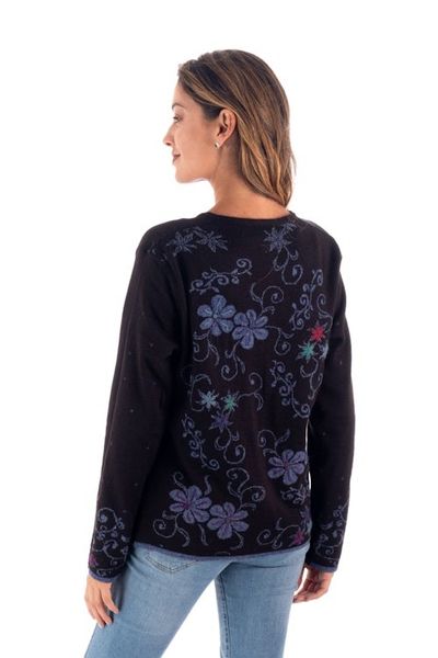 Alternate image for Blue and Black Reversible Alpaca Blend Cardigan Blue Kiko