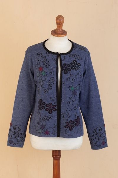 Alternate image for Blue and Black Reversible Alpaca Blend Cardigan Blue Kiko