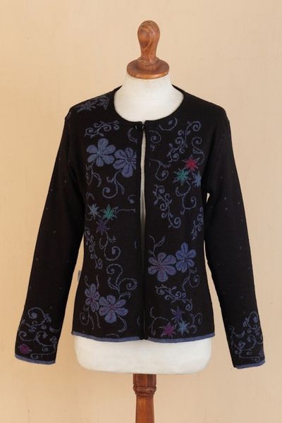 Alternate image for Blue and Black Reversible Alpaca Blend Cardigan Blue Kiko