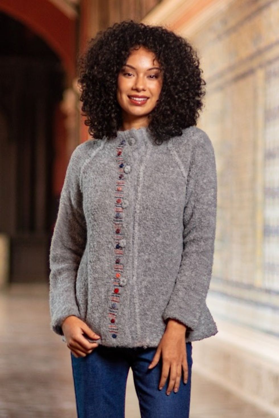 Grey Alpaca Blend Sweater Jacket from Peru 'Morning Muse in Grey'