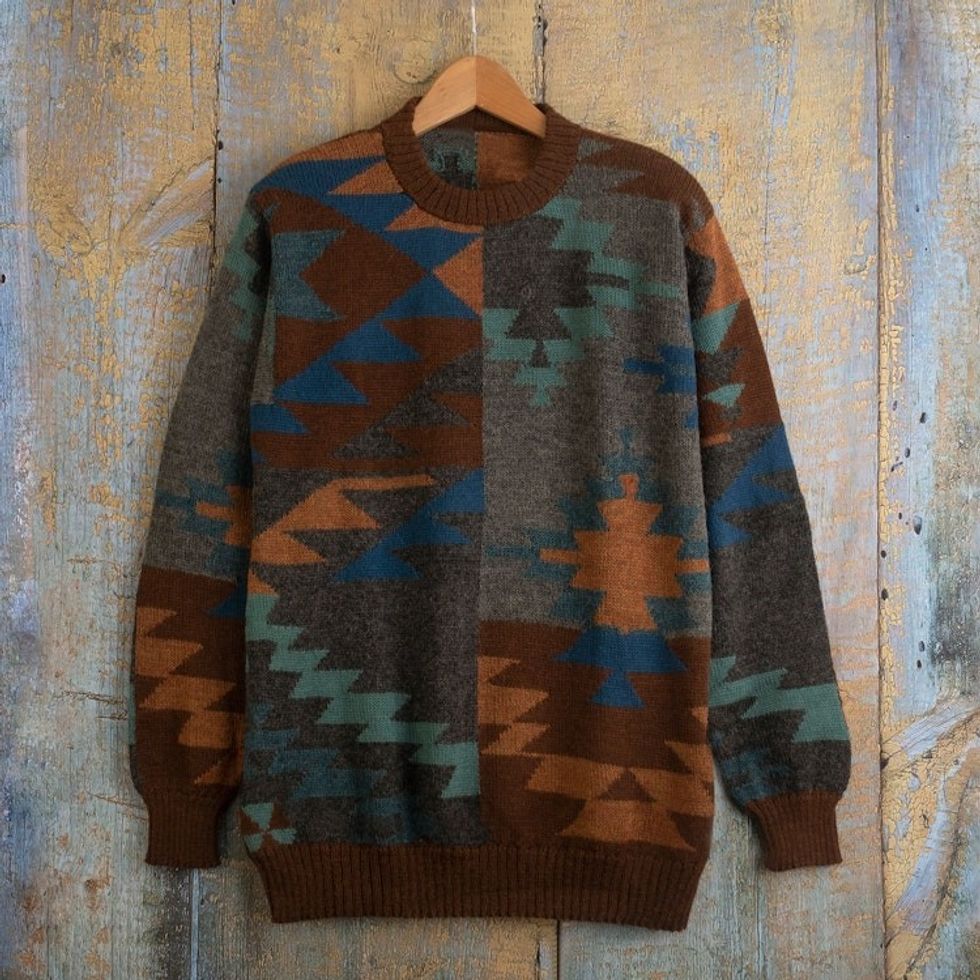 Multicolored Geometric Patterned Men's Pullover Sweater 'Quinoa Leaf'